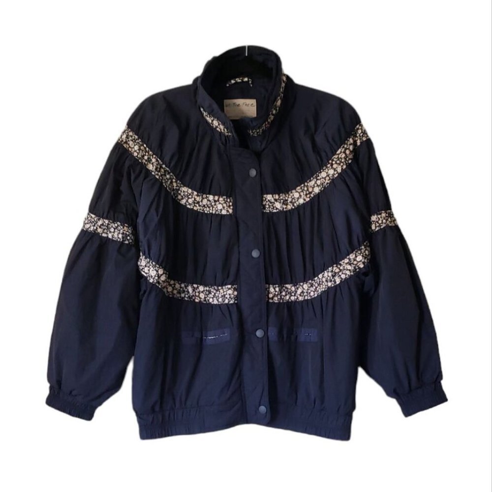 Free People Women's On My Mind Floral Full-Zip Bomber Retro Jacket Navy Sz Small - Picture 6 of 12
